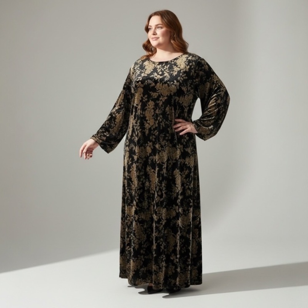 Ronni Nicole II Velour Floral Maxi Dress Black Gold 34W Vintage Evening Elegance
